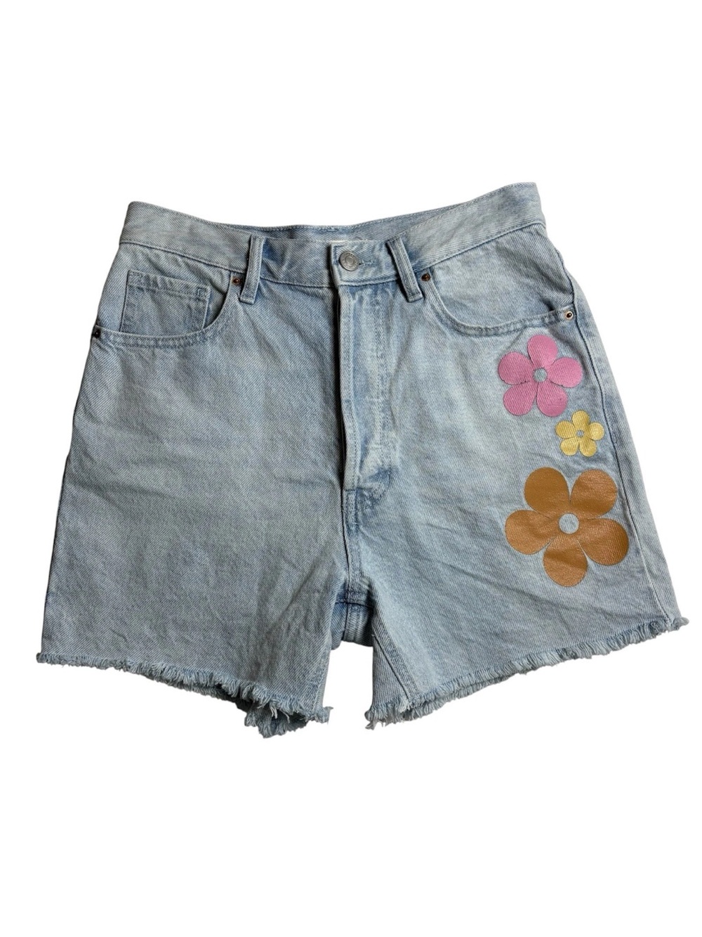 PACSUN 90's Girlfriend Denim Jean Shorts 26 Flowers Raw Hem Button Fly Hi Rise